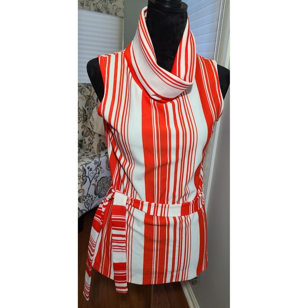 70s Ladies Orange White Stripe Sleeveless Cowl Neck Top Sears & Roebuck Sz 12